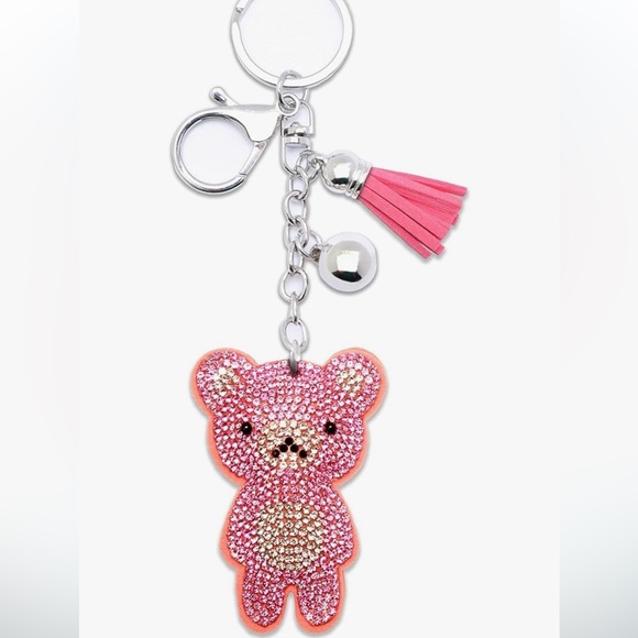 Blinged teddy bear in pink rhinestones purse charm or bag charm approx 6.5 in - Picture 3 of 3
